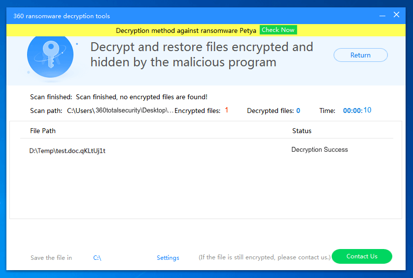 11. Wait until 360 Ransomware Decryption Tool brings your files back. Don't turn off the tool before decryption completes.